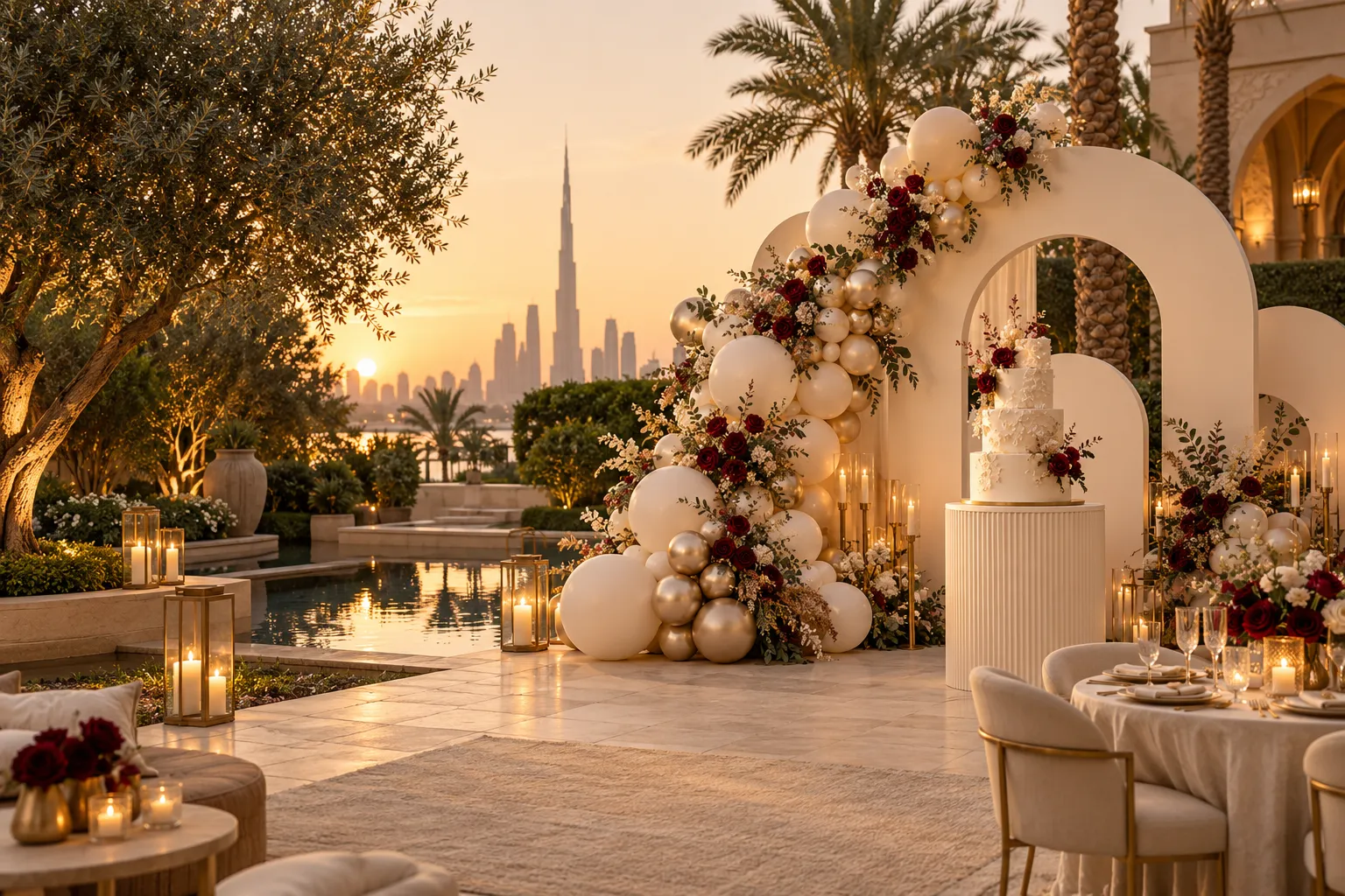 Celebration concept with ivory balloon arches, burgundy flowers and a tiered cake in a garden at sunset